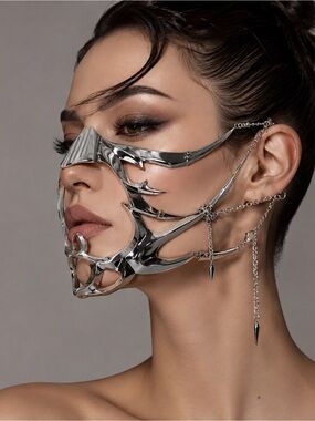 Futuristic Silver Face Mask with Chain Details